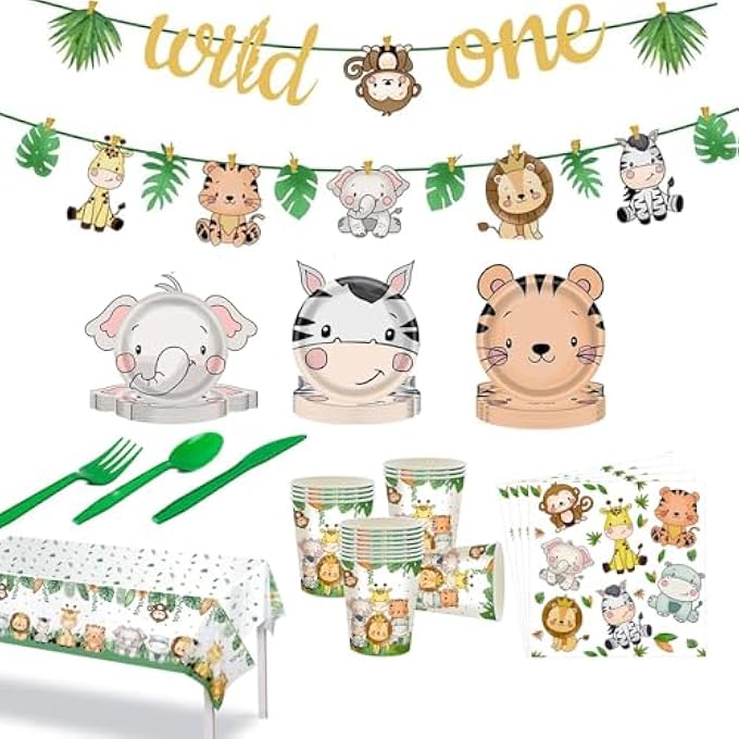 DISPOSABLETABLEWARE SET FOR JUNGLE PARTY DECOR, WITH 4 STYLE 20 ANIMAL PLATES AND CUPS, NAPKINS AND TABLECLOTH FOR 20 GUESTS, JUNGLE THEME PARTY SUPPLIES FOR KIDS BIRTHDAY 142 PCS - Image 2